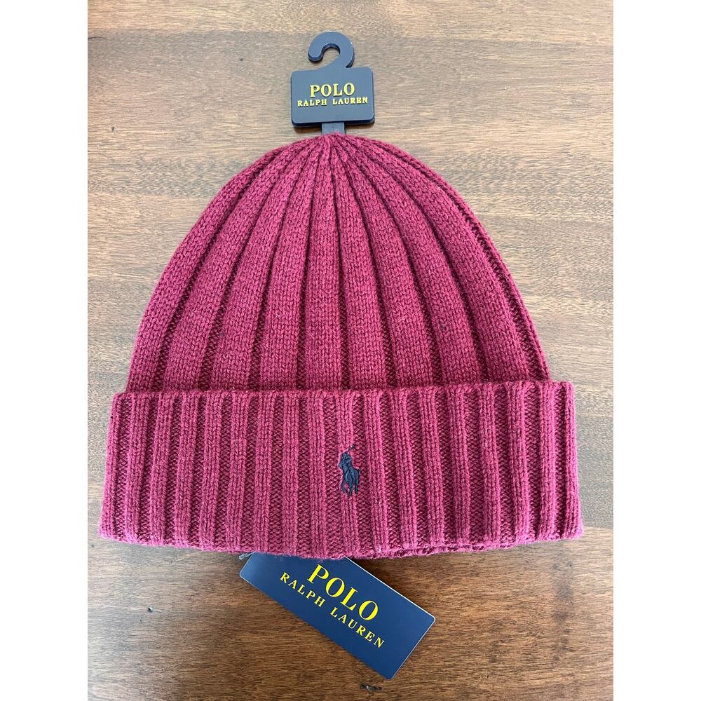 Polo Ralph Lauren Beanie Mens Burgundy Navy Pony Wool Blend Rib Knit Cuffed NEW